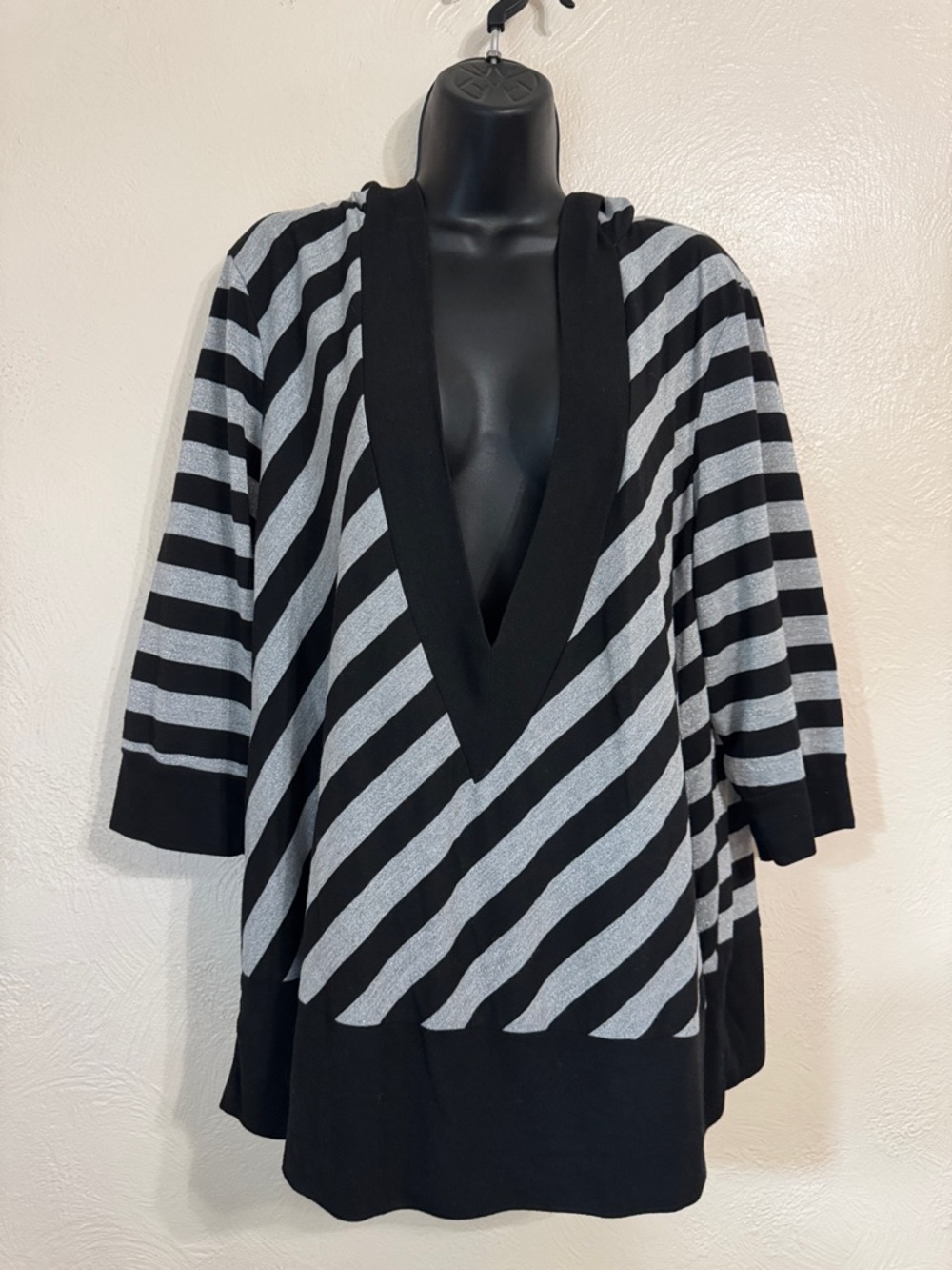 Venezia Black and silver glitter gray Deep V-Neck Striped Sweater Hoodie